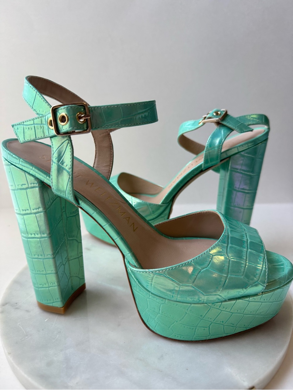 Stuart Weitzman Aqua Croc-Embossed Platform Sandals - Picture 8 of 16